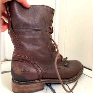 UGG leather & sheepskin lace-up kitty boots — 7.5